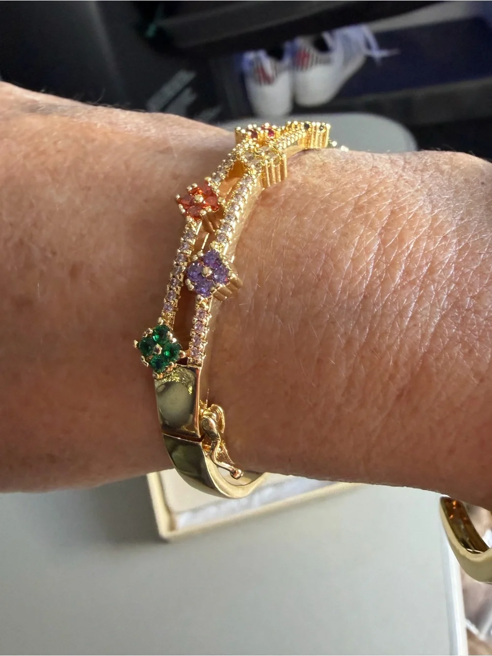 Freida Rothman Gold Multicolor Flower Station Bangle Bracelet - Women's New